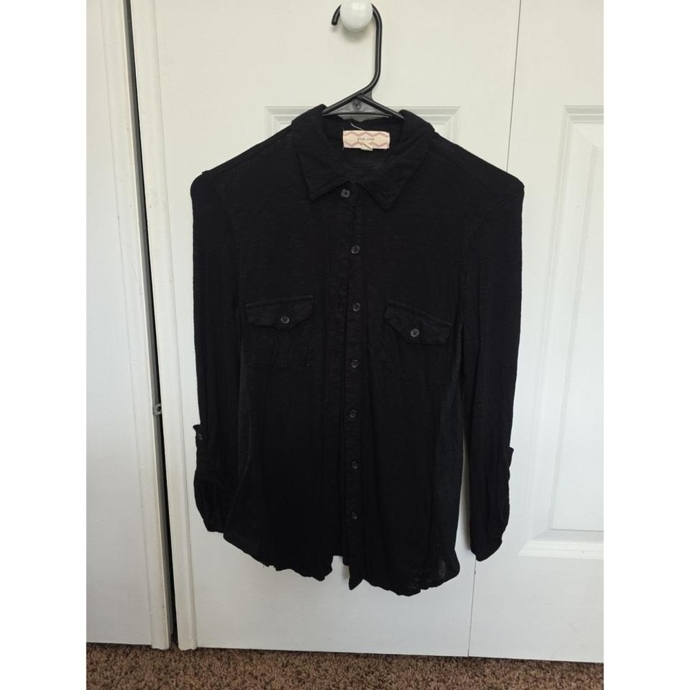 Pink Rose Black Slub Knit Button Down Shirt Roll Tab Sleeve Womens Small